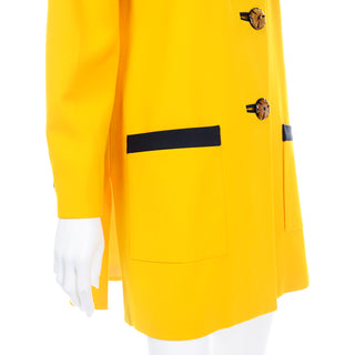 Vintage David Hayes 1980s Yellow Longline Blazer Jacket charcoal grey trim