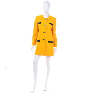 Vintage David Hayes 1980s Yellow Longline Blazer Jacket Charcoal trim