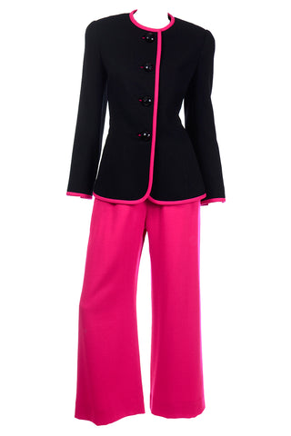 Hot Pink & Black David Hayes Vintage Crepe Pants & Jacket Suit