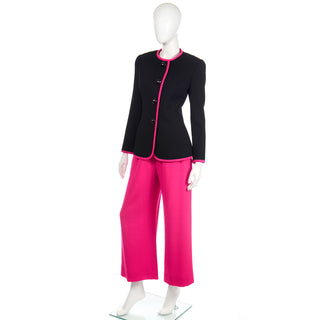 Hot Pink & Black David Hayes Vintage Wool Crepe Wide Leg Pants & Jacket Suit 