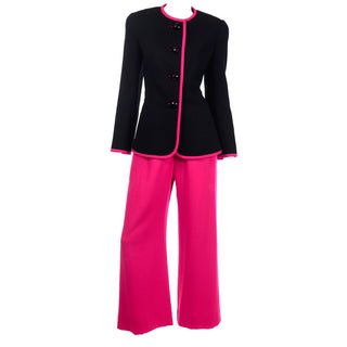 Hot Pink & Black David Hayes Vintage Crepe wide leg Pants & Jacket Suit 