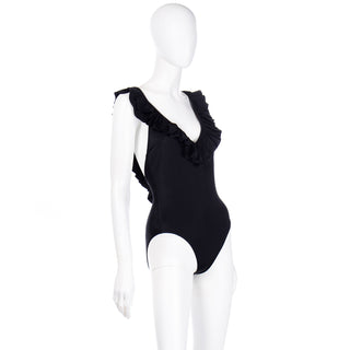 Deadstock Vintage Bill Blass Black Ruffled Plunging Back Swimsuit new with original tags
