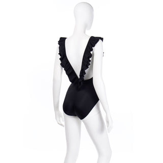 Deadstock Vintage Bill Blass Black Ruffled Plunging Back Swimsuit with tags
