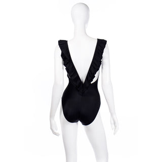 Deadstock Vintage Bill Blass Black Ruffled Plunging Back Swimsuit New with tags