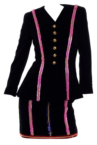 1980s Deadstock Escada Margaretha Ley Beaded Black Velvet Evening Dress & Jacket w Sequins