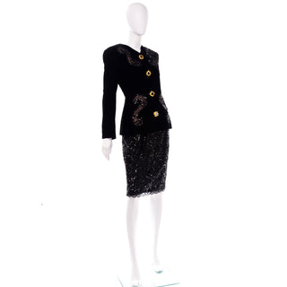 Deadstock Givenchy Couture Black Lace Velvet and Sequins Evening Skirt Suit