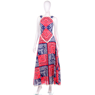 1970s Howard Wolf Vintage Red & Blue Bandana Patchwork Print Dress Deadstock w/ Tags