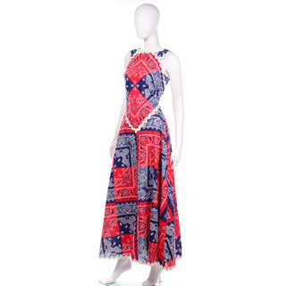 Howard Wolf Vintage Red & Blue Bandana Patchwork Print Dress Deadstock w/ Tags Maxi