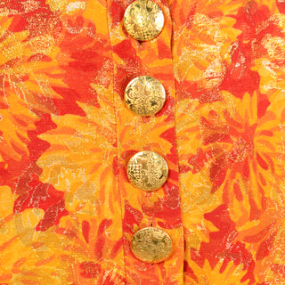 1989 Yves Saint Laurent Orange Metallic Vintage Floral Runway Dress with Gold buttons