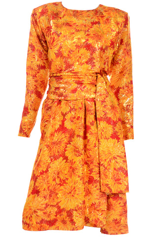 1989 Yves Saint Laurent Orange Metallic Vintage Floral Runway Dress Silk