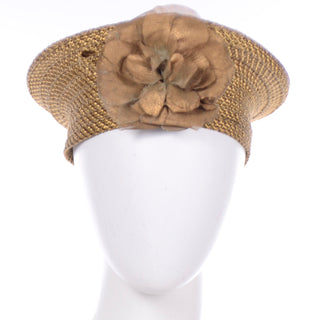 Debbie Rhodes Golden Brown Woven Vintage Beret Style Hat with flower