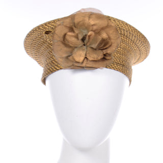 Debbie Rhodes Golden Brown Woven Vintage Beret Style Hat organza flower