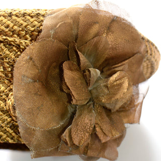 Debbie Rhodes Golden Brown Woven Vintage Beret Style Hat Metallic flower detail