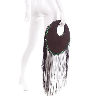 Denise Razzouk Brown Leather Handbag With Fringe And Green Beads Excellent