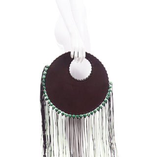 Denise Razzouk Brown Leather Handbag With Fringe And Green Beads Round Shape