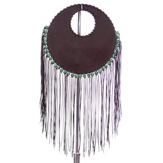 Denise Razzouk Brown Leather Handbag With Fringe w Marbled Green Beads