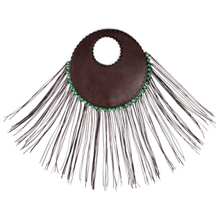 Denise Razzouk Brown Leather Handbag With Fringe And Green Beads Bag