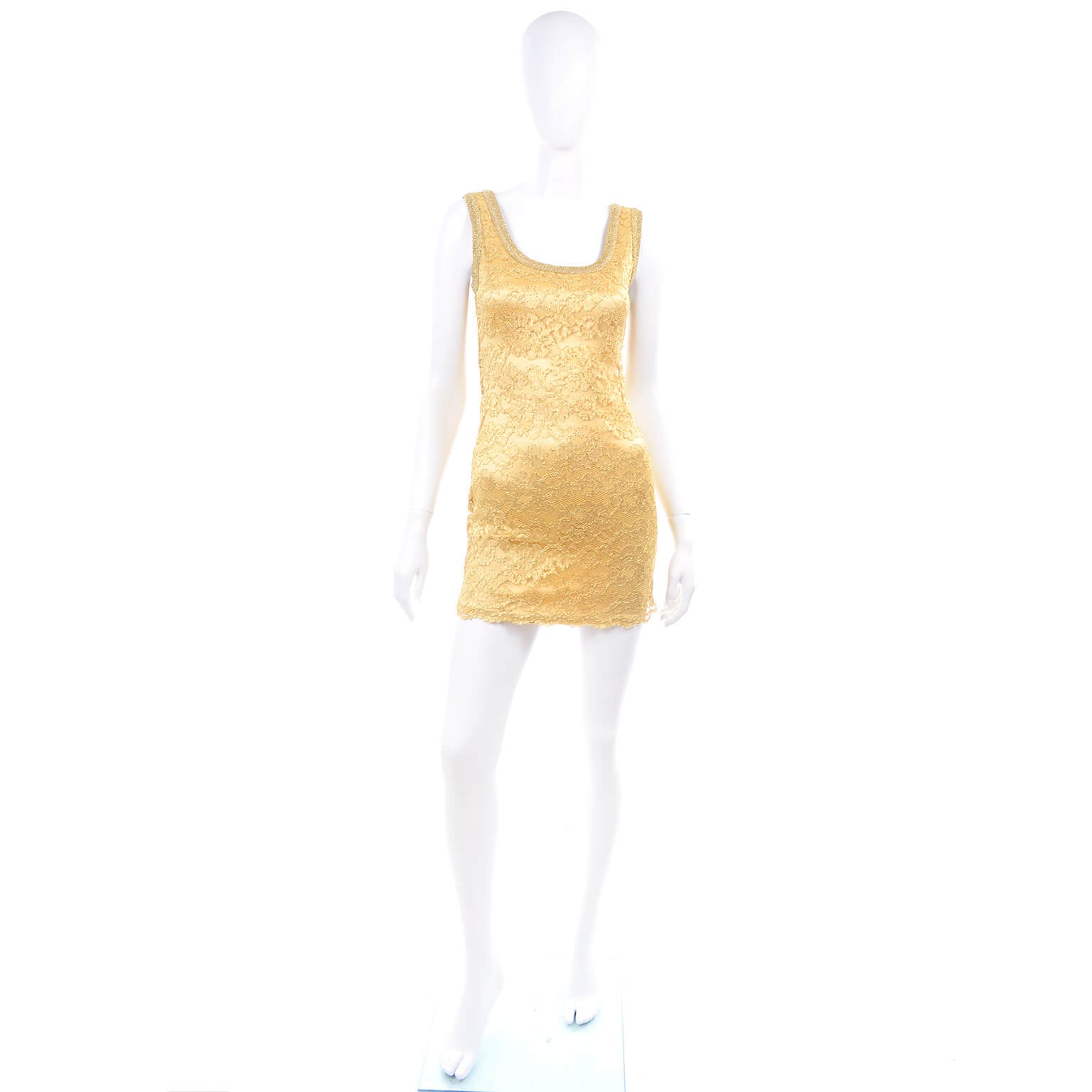 1990's Gold Stretch Lace Vintage Bodycon Mini Tank Dress 2/4 Modig 1990's Gold Stretch Lace Vintage Bodycon Mini Tank Dress 2/4 Modig
