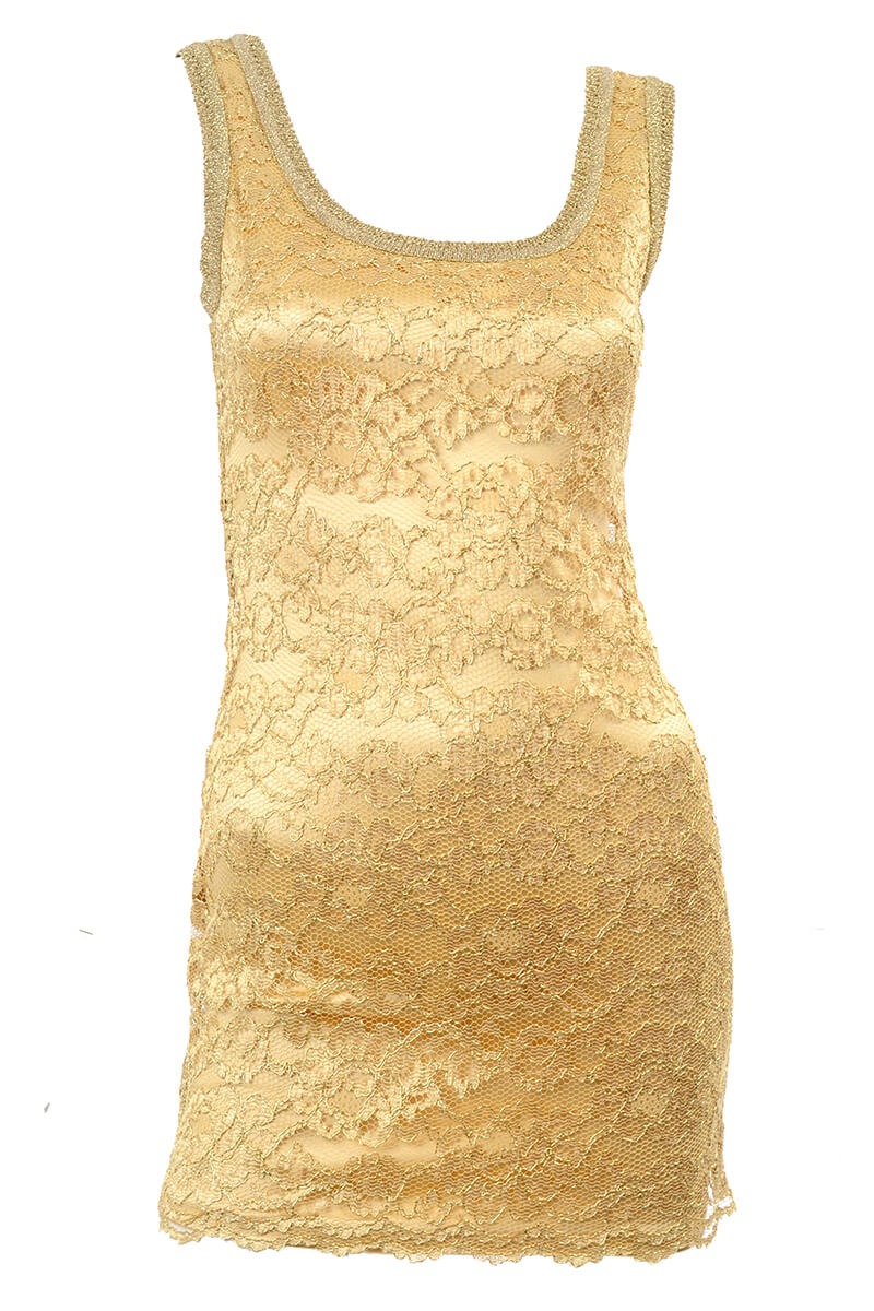 1990's Gold Stretch Lace Vintage Bodycon Mini Tank Dress 2/4 Modig 1990's Gold Stretch Lace Vintage Bodycon Mini Tank Dress 2/4 Modig