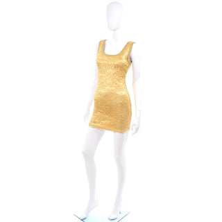 1990's Gold Stretch Lace Vintage Bodycon Mini Tank Dress 2/4 Modig 1990's Gold Stretch Lace Vintage Bodycon Mini Tank Dress 2/4 Modig