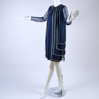 Designer Vintage Dress in Layered Navy Blue Silk Chiffon w/ White Trim