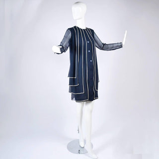 Designer Vintage Dress in Layered Navy Blue Silk Chiffon w/ White Trim