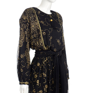Diane Freis Vintage Black & Gold Glitter Evening Dress 1980s