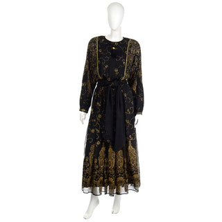 1980s Diane Freis Vintage Black & Gold Glitter Evening Dress
