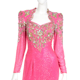 Diane Freis Pink Evening Dress Beaded Vintage Gown with gold sequins