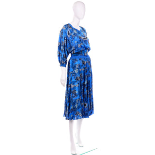Vintage 1980s Diane Freis Blue Silk Paisley Print Dress raglan dolman sleeves