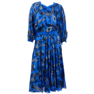Vintage 1980s Diane Freis Blue Silk Paisley Print Dress with original belt