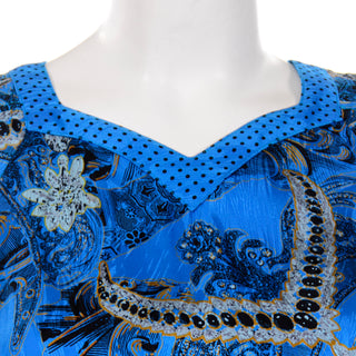 Vintage 80s Diane Freis Blue Silk Paisley Print Dress