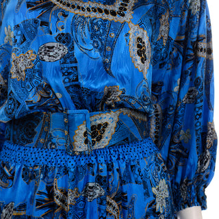 Vintage 1980s Diane Freis Blue Silk Paisley Print Dress Polka dots