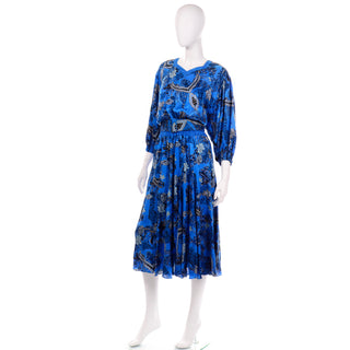 Vintage 1980s Diane Freis Blue Silk Paisley Print Dress One size
