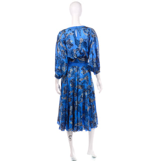 Vintage 1980s Diane Freis Blue Silk Paisley Print Dress with belt