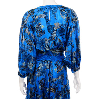 Vintage 1980s Diane Freis Blue Silk Paisley Print Dress size s-l