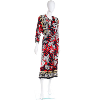 1980s Diane Freis Black Red & White Baroque Print Silk Vintage Dress Medium or Large