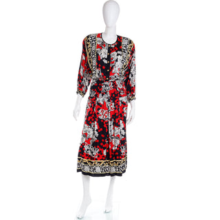 1980s Diane Freis Black Red & White Baroque Print Silk Vintage Dress Made in Hong Kong