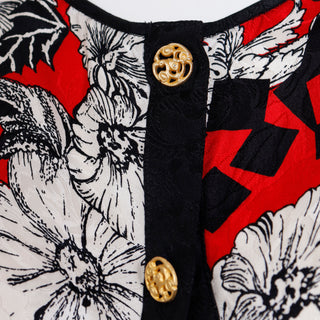 1980s Diane Freis Black Red & White Baroque Print Silk Vintage Dress Abstract floral