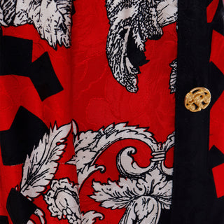 1980s Diane Freis Black Red & White Baroque Abstract Floral Print Silk Vintage Dress