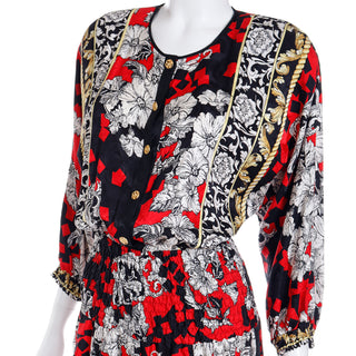 1980s Diane Freis Black Red & White Abstract Baroque Print Silk Vintage Dress