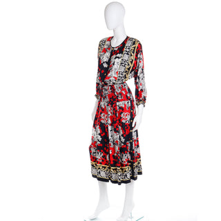 1980s Diane Freis Black Red & White Baroque Print Silk Vintage Dress Fits a range of sizes
