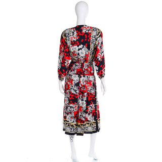 1980s Diane Freis Black Red & White Baroque Print Silk Vintage Dress M/L