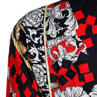 1980s Diane Freis Black Red & White Baroque Print Silk Vintage Dress Abstract Geometric Print