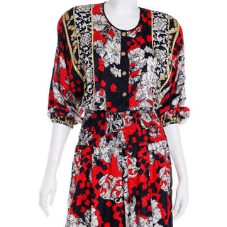 1980s Diane Freis Original Black Red & White Baroque Print Silk Vintage Dress