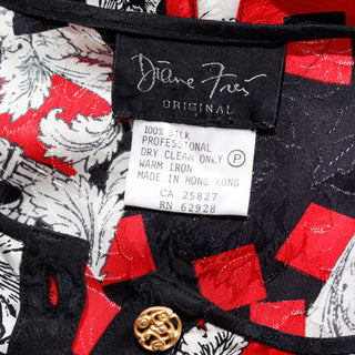 1980s Diane Freis Original Black Red & White Baroque Abstract Print Silk Vintage Dress