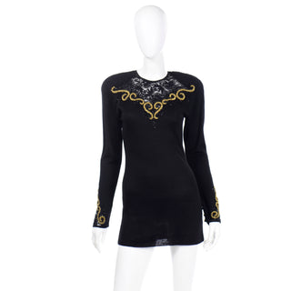 1980s Diane Freis Black 2 Piece Vintage Dress W Lace & Gold Beading Embroidery 