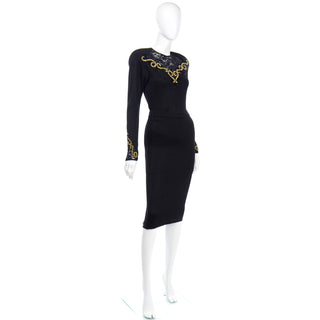 1980s Diane Freis Black 2 Piece Vintage Dress W Lace & Gold Beaded Embroidery 