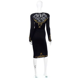 1980s Diane Freis Black 2 Piece Vintage Dress W Lace & Gold Bead Embroidery silk 
