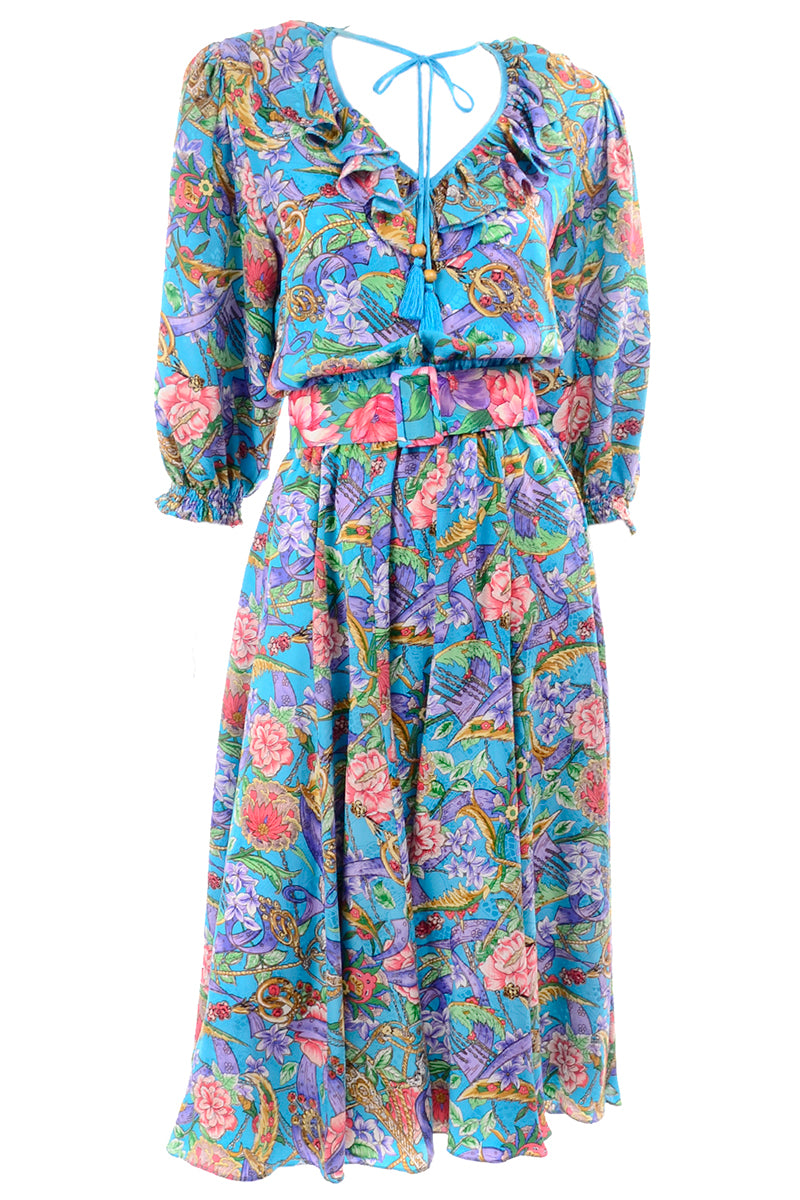 s Diane Freis Floral Blue Silk Dress w/ Tassels & Belt One